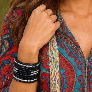 15-Strand Black Beaded Bracelet Bohemian Fashion Boho Tribal Wide Cuff NWT